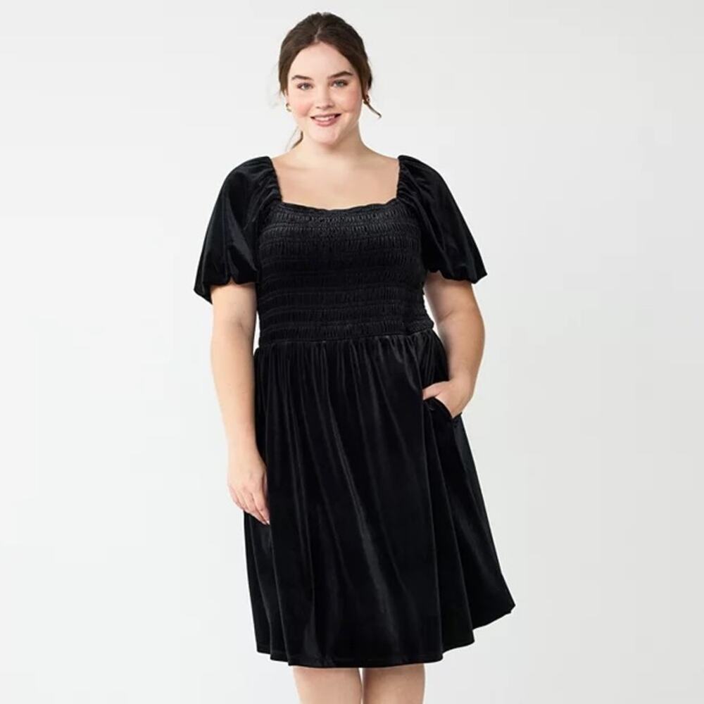 Draper James | Womens Black Velvet Party Dress Midi Short Puff Sleeve Holiday 2X